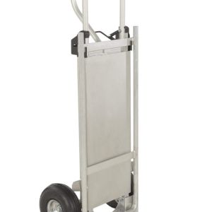 The Vestil Hand Truck W/Folding Platform Pneumatic offers a silver finish, two black wheels, and a foldable nose plate. With its curved handle, this sturdy hand truck is ideal for effortlessly transporting heavy items.