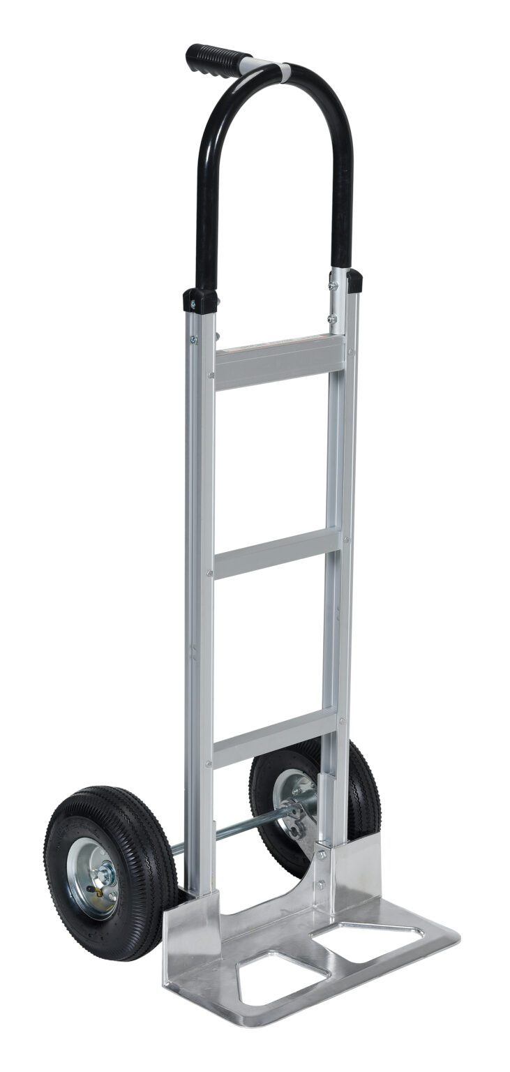 ALUM-PIN_A.jpg The Vestil Alum Pin Handle Hand Truck Pneumatic has a silver frame with a black handle, two large pneumatic rubber wheels, and a flat base platform perfect for carrying items. Its metal frame with riveted joints ensures durability.
