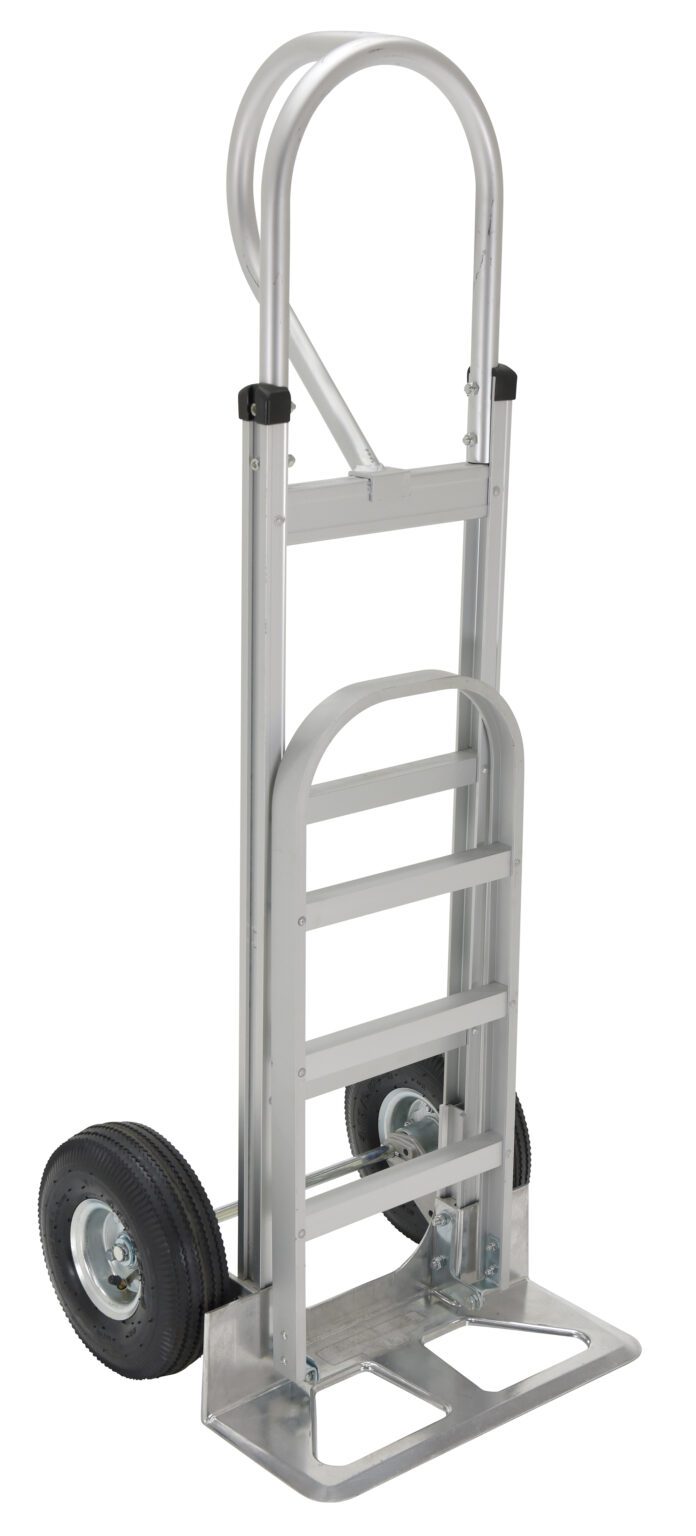 ALUM-P_A.jpg The Vestil Alum P-Handle Hand Truck Pneumatic Tires features a silver frame, two durable pneumatic tires, and a flat loading base. It includes a curved top handle and ladder-like supports for enhanced maneuverability and durability for various tasks.