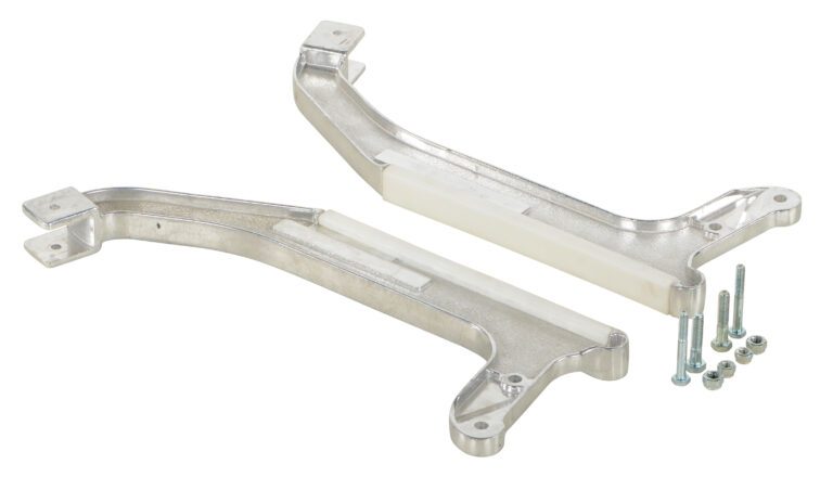 Two metal mounting brackets like those in Vestil Hand Truck Option Stair Guides lie side by side on a white background, along with screws and nuts. These brackets are part of an assembly kit with a sleek, machined finish.