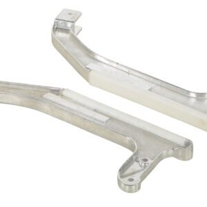 Two metal mounting brackets like those in Vestil Hand Truck Option Stair Guides lie side by side on a white background, along with screws and nuts. These brackets are part of an assembly kit with a sleek, machined finish.