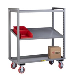 A gray Little Giant Adjustable Height Multi-Shelf Truck with two shelves on swivel casters is displayed. The top shelf holds three red storage bins, and the lower shelf carries a small cardboard box.
