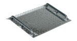 The Vestil Alum Tread Plate Mini Dockboard 500 Lb is a rectangular platform with a metallic diamond-pattern surface, featuring two vertical support bars on each side for utility or industrial use, supporting up to 500 lbs.