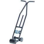 A black MH-USA Vinyl Safety Tape Applicator hand truck features a robust build with a curved handlebar and three wheels: two smaller ones in the middle and a larger one at the base, ideal for efficiently moving heavy objects.