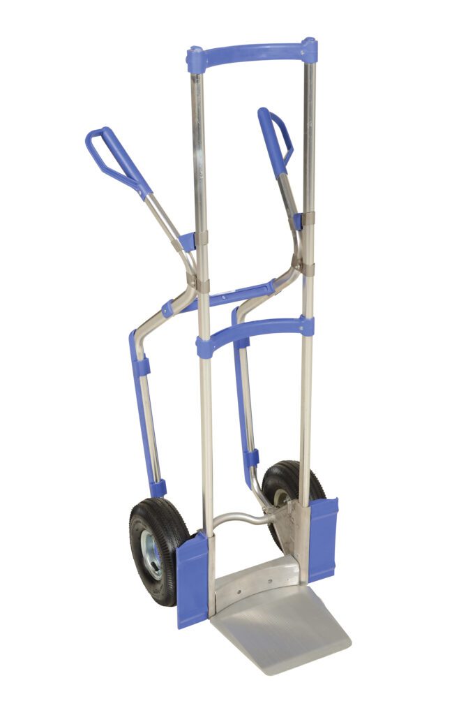 AMPC-500_A.jpg The Vestil Ergonomic Aluminum Hand Truck 350 Lb, a blue and silver marvel, holds up to 350 lbs. It includes two wheels, a foldable aluminum toe plate for easy handling, a robust metallic frame for strength, and comfortable blue plastic-covered handles.