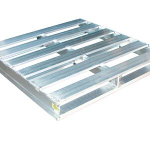 The Vestil Heavy Duty Aluminum Half Pallet 24X24 boasts a shiny silver finish and an open slat grid structure, ideal for supporting and transporting goods. Its sturdy design is perfect for heavy industrial use.