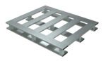 The Vestil Heavy Duty Alum Pallet 4K 40X48 Skid Bottom features a slatted design with a robust skid bottom, metal bar grid, and openings. Its rectangular shape and light gray metallic finish make it ideal for efficiently transporting heavy goods.