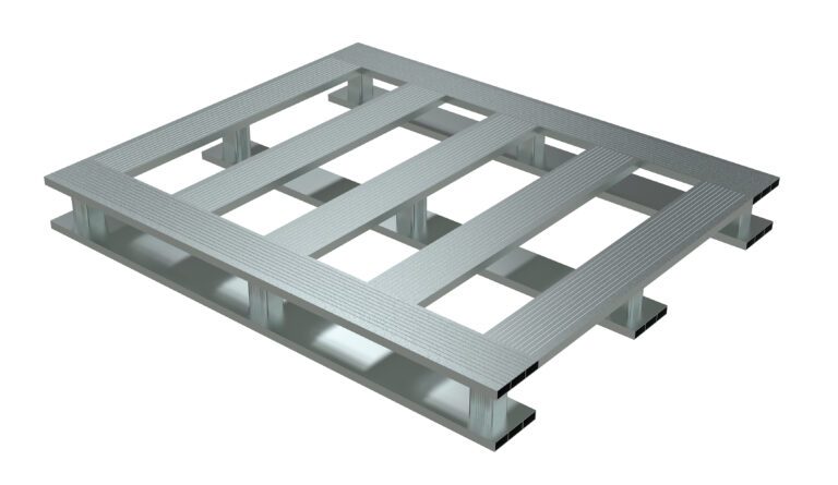 The Vestil Heavy Duty Alum Pallet 4K 40X48 Skid Bottom features a slatted design with a robust skid bottom, metal bar grid, and openings. Its rectangular shape and light gray metallic finish make it ideal for efficiently transporting heavy goods.