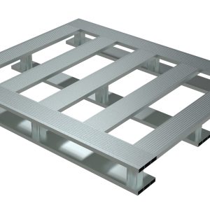 The Vestil Heavy Duty Alum Pallet 4K 40X48 Skid Bottom features a slatted design with a robust skid bottom, metal bar grid, and openings. Its rectangular shape and light gray metallic finish make it ideal for efficiently transporting heavy goods.
