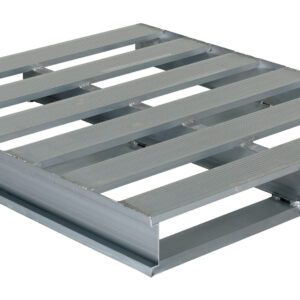 The Vestil Heavy Duty Aluminum Pallet 4K (40 x 48 inches) showcases a silver grid-like structure with horizontal slats and supporting beams, perfect for efficient storage and transport.