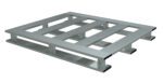 The Vestil Heavy Duty Alum Pallet 4K 42X48 Skid Bottom features a rectangular, open-frame design with a ribbed surface, four top slats, and two-tiered horizontal supports underneath, all against a plain white background exemplifying its robust construction and utility.