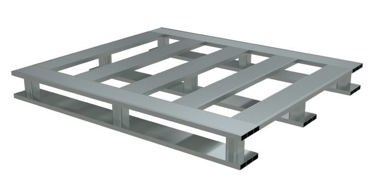 AP-4248-SB_A.jpg The Vestil Heavy Duty Alum Pallet 4K 42X48 Skid Bottom features a rectangular, open-frame design with a ribbed surface, four top slats, and two-tiered horizontal supports underneath, all against a plain white background exemplifying its robust construction and utility.