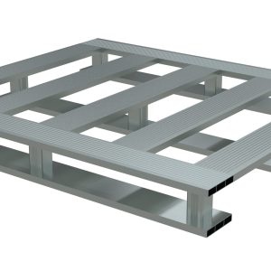 The Vestil Heavy Duty Alum Pallet 4K 42X48 Skid Bottom features a rectangular, open-frame design with a ribbed surface, four top slats, and two-tiered horizontal supports underneath, all against a plain white background exemplifying its robust construction and utility.