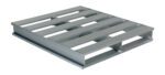 The Vestil Heavy Duty Aluminum Pallet 4K, sized 42 x 48 inches, features a silver metal design with evenly spaced slats and a robust frame. Its rectangular shape and shiny surface are ideal for holding and transporting goods, supported by visible beams underneath.