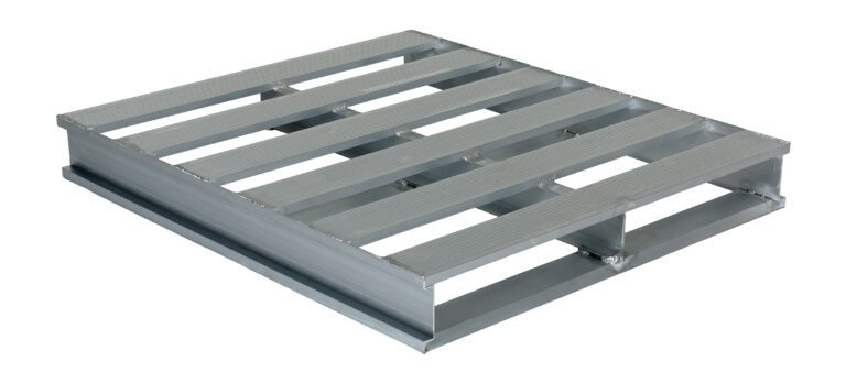 The Vestil Heavy Duty Aluminum Pallet 4K, sized 42 x 48 inches, features a silver metal design with evenly spaced slats and a robust frame. Its rectangular shape and shiny surface are ideal for holding and transporting goods, supported by visible beams underneath.
