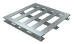 The Vestil Heavy Duty Aluminum Half Pallet Skid Bottom 48X24 features a rectangular frame with slats, ideal for supporting and transporting goods. The textured finish and skid bottom enhance stability, while openings allow easy forklift access.