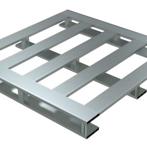 The Vestil Heavy Duty Aluminum Half Pallet Skid Bottom 48X24 features a rectangular frame with slats, ideal for supporting and transporting goods. The textured finish and skid bottom enhance stability, while openings allow easy forklift access.