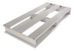 A silver metal pallet, similar to the Vestil Heavy Duty Aluminum Half Pallet 48X24, has three top slats and an open design exposing its structural beams. It is elegantly angled on a spotless white background.