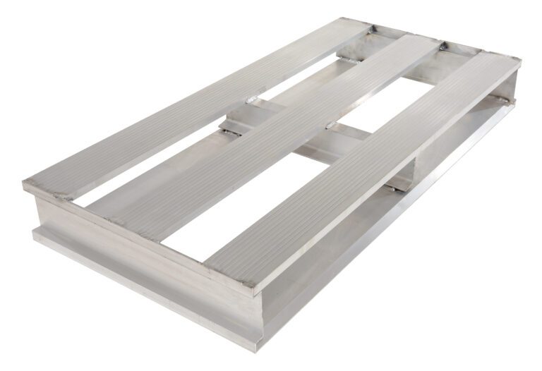 A silver metal pallet, similar to the Vestil Heavy Duty Aluminum Half Pallet 48X24, has three top slats and an open design exposing its structural beams. It is elegantly angled on a spotless white background.
