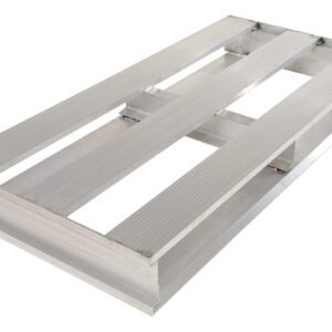 A silver metal pallet, similar to the Vestil Heavy Duty Aluminum Half Pallet 48X24, has three top slats and an open design exposing its structural beams. It is elegantly angled on a spotless white background.