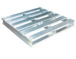 The Vestil Heavy Duty Aluminum Pallet 4K 48 X 48 In is ideal for industrial or warehouse use with its grid-like structure and evenly spaced slats that effectively support heavy loads, all elevated by a robust frame.