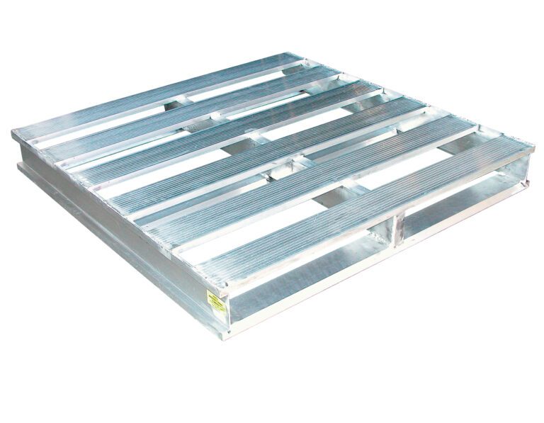 The Vestil Heavy Duty Aluminum Pallet 4K 48 X 48 In is ideal for industrial or warehouse use with its grid-like structure and evenly spaced slats that effectively support heavy loads, all elevated by a robust frame.