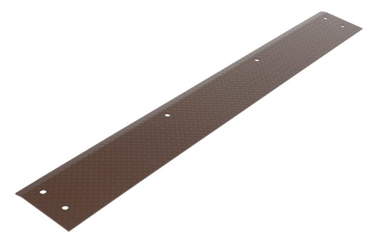 Viewed from an angle against a plain white background, the Vestil Dockleveler Approach Plate W/Bevel 96X12 is a long brown metal plate featuring a textured diamond pattern and evenly spaced holes along its length.