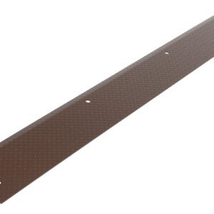 Viewed from an angle against a plain white background, the Vestil Dockleveler Approach Plate W/Bevel 96X12 is a long brown metal plate featuring a textured diamond pattern and evenly spaced holes along its length.