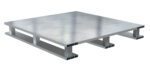 The Vestil Aluminum Half Pallet Skid Bottom Solid Top 24X24 features a silver metallic surface, measuring 24x24 inches. Its solid top and grid-like skid bottom ensure durability, ideal for heavy-duty use in warehouses or factories.