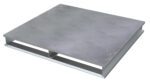 The Vestil Heavy Duty Aluminum Half Pallet Solid Top 24X24 showcases a metallic look with a flat, smooth rectangular surface. Its visible support beams underneath ensure sturdiness, and the slightly brushed texture adds elegance.