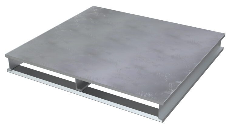 The Vestil Heavy Duty Aluminum Half Pallet Solid Top 24X24 showcases a metallic look with a flat, smooth rectangular surface. Its visible support beams underneath ensure sturdiness, and the slightly brushed texture adds elegance.