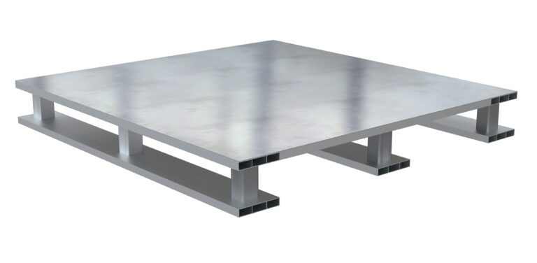 The Vestil Aluminum Half Pallet features a solid 40x24 top and skid bottom, ideal for industrial use with a robust silver metallic design and reflective finish.