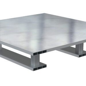 The Vestil Aluminum Half Pallet features a solid 40x24 top and skid bottom, ideal for industrial use with a robust silver metallic design and reflective finish.