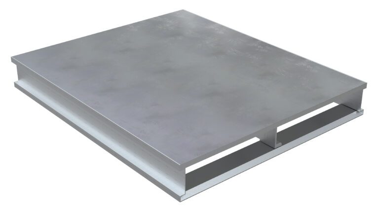 AP-ST-4024_A.jpg The Vestil Heavy Duty Aluminum Half Pallet Solid Top 40X24 is presented in metallic silver against a white background, highlighting its smooth surface and dual side openings, ideal for industrial applications.