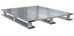 The Vestil Hvy Duty Alum Solid Top Pallet 4K40X48 Skid Bottom stands out with its metallic industrial allure and smooth, reflective surface. Its sturdy rectangular supports make it perfect for heavy-duty use or storage against a plain white backdrop.