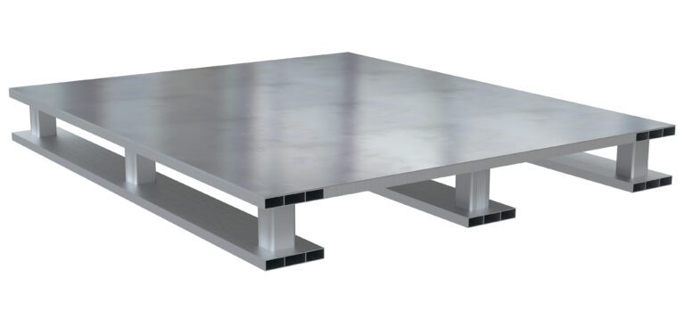 AP-ST-4048-SB_A.jpg The Vestil Hvy Duty Alum Solid Top Pallet 4K40X48 Skid Bottom stands out with its metallic industrial allure and smooth, reflective surface. Its sturdy rectangular supports make it perfect for heavy-duty use or storage against a plain white backdrop.