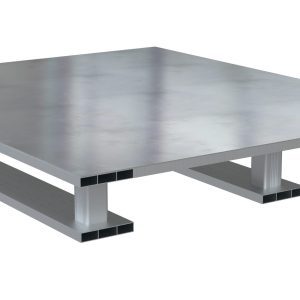 The Vestil Hvy Duty Alum Solid Top Pallet 4K40X48 Skid Bottom stands out with its metallic industrial allure and smooth, reflective surface. Its sturdy rectangular supports make it perfect for heavy-duty use or storage against a plain white backdrop.