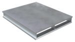 The Vestil Hvy Duty Alum Solid Top Pallet 4K 40 X 48 In is a durable metallic pallet with a sleek, slightly brushed reflective surface. It features side openings for easy lifting, combining robustness with modern design.