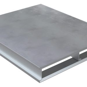 The Vestil Hvy Duty Alum Solid Top Pallet 4K 40 X 48 In is a durable metallic pallet with a sleek, slightly brushed reflective surface. It features side openings for easy lifting, combining robustness with modern design.