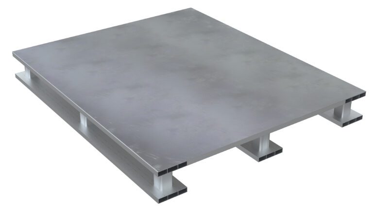 The Vestil Hvy Duty Alum Solid Top Pallet 4K42X48 Skid Bottom is a rectangular, metallic platform with a smooth surface and four legs, designed for engineering and manufacturing applications.