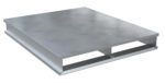 The Vestil Hvy Duty Alum Solid Top Pallet 4K 42 X 48 In boasts a silver metallic finish with a solid top and open sides, ideal for industrial use. Its seamless rectangular design is perfect for heavy-duty storage or transportation while beautifully reflecting light.
