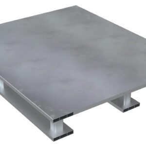 The Vestil Aluminum Half Pallet with Skid Bottom Solid Top, measuring 48x24 inches, features a rectangular metallic surface and four sturdy legs designed for heavy-duty industrial use.