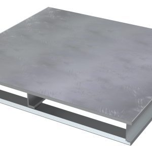 Image of a flat, rectangular Vestil Hvy Duty Alum Solid Top Pallet 4K 48 X 48 In with a brushed aluminum finish. Supported by beams underneath, it is raised slightly off the ground, creating a hollow space.