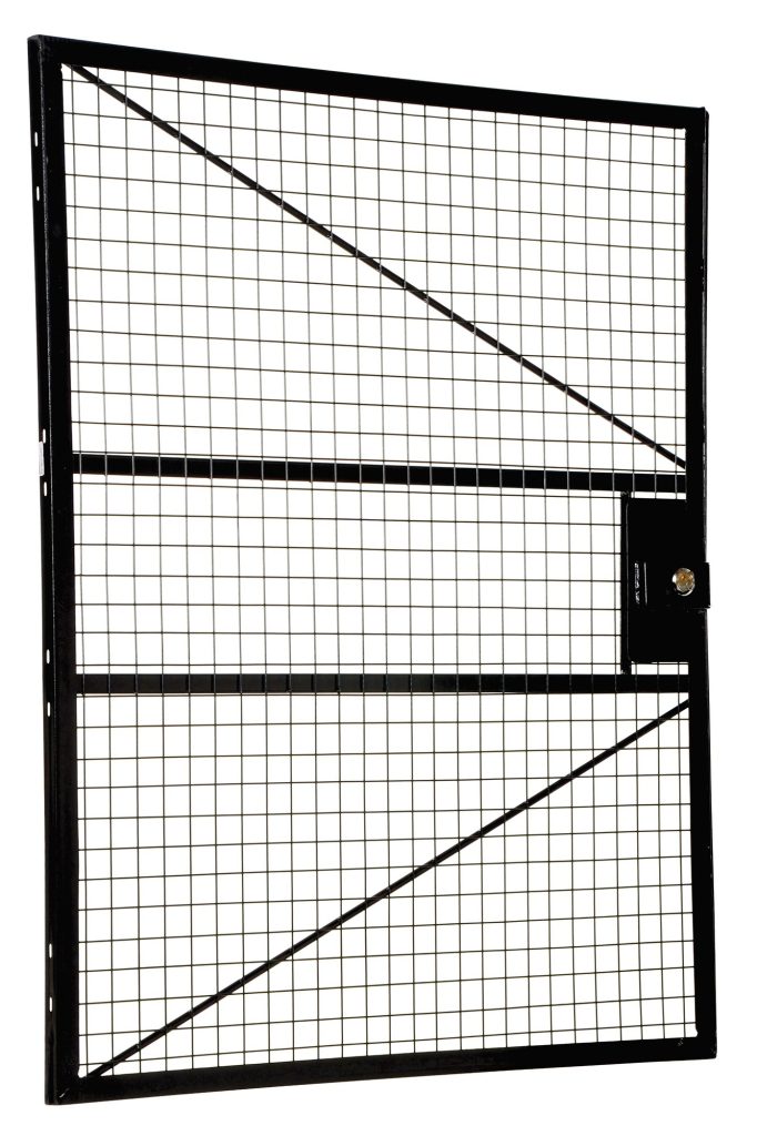 APG-DR-54_A.jpg The Vestil Adjust Perimeter Guard Hinged Door 49.93X60 is a black metal wire gate with a grid pattern, diagonal support bars, and right-side latch. Photographed against a white background, it combines security and sleek design.