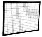The Vestil Adjustable Perimeter Guard Panel 3X5 Ft features a rectangular design with a grid of small squares made from thin metal wires, framed by a sturdy black border, and is isolated on a white background.