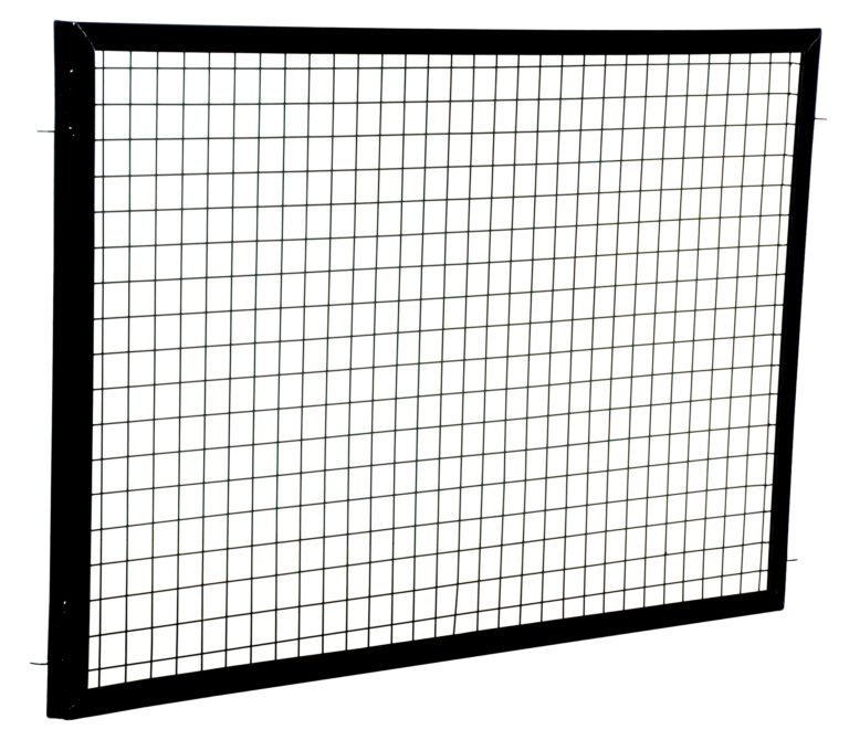 The Vestil Adjustable Perimeter Guard Panel 3X5 Ft features a rectangular design with a grid of small squares made from thin metal wires, framed by a sturdy black border, and is isolated on a white background.