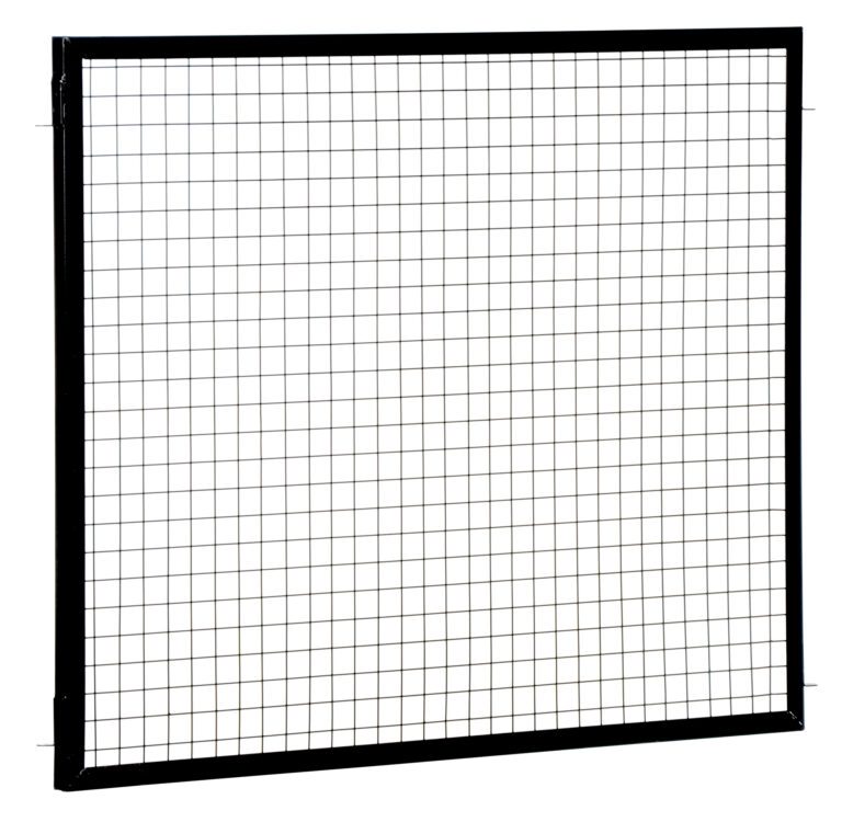 APG-M-45_A.jpg A black wire grid fencing section with a thin metal frame on a white background features evenly spaced vertical and horizontal wires forming small squares, akin to the Vestil Adjustable Perimeter Guard Panel 4X5 Ft design.