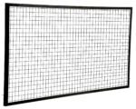 A rectangular grid panel with a black frame, like the Vestil Adjustable Perimeter Guard Panel 4X8 Ft, displays square openings from evenly spaced vertical and horizontal wires, standing upright against a plain white background.
