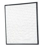 The Vestil Adjustable Perimeter Guard Panel 5X5 ft showcases a stylish black metal grid in a square pattern on a white background, elegantly tilted and framed by a slim metal border for enhanced style and security.