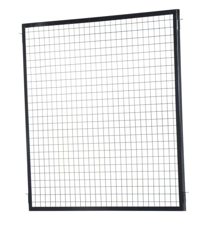 APG-M-55_A.jpg The Vestil Adjustable Perimeter Guard Panel 5X5 ft showcases a stylish black metal grid in a square pattern on a white background, elegantly tilted and framed by a slim metal border for enhanced style and security.